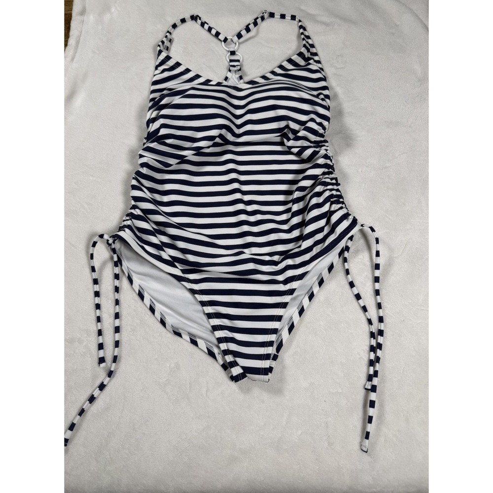 Palisades Beach Club One Piece Swimsuit Large Striped Ruched Side Tie Navy